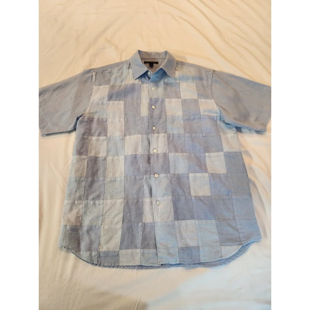 Banana Republic Men Blue Patchwork Linen Cotton Short Sleeve Button Down Shirt M